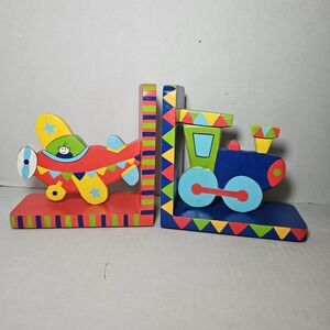 Goldfish Colorful Hand-painted Wooden Bookends Kidcore Train Airplane Set